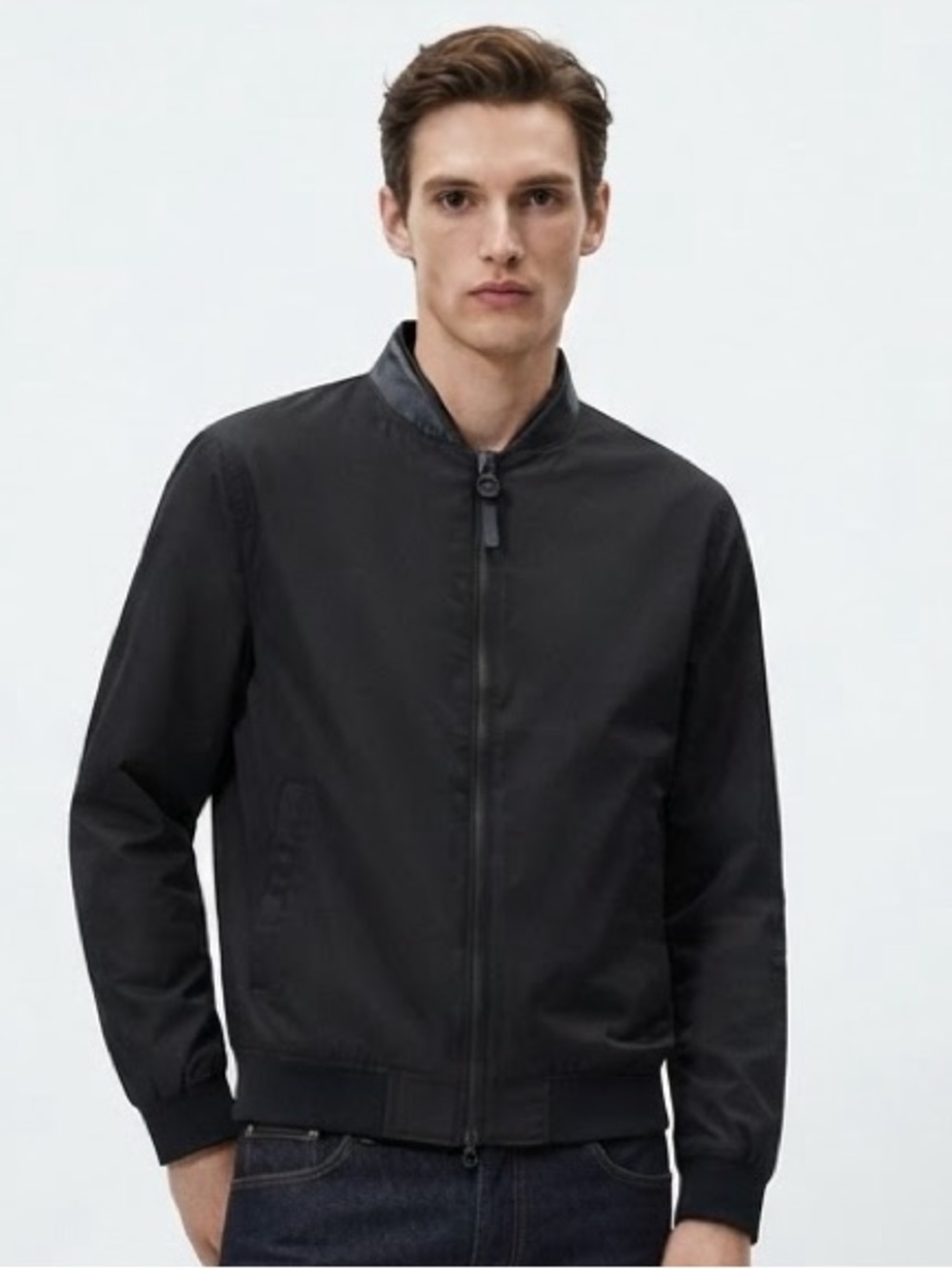 Zara Black Full Zip Lightweight Bomber Jacket with Faux Leather Collar Sz Small
